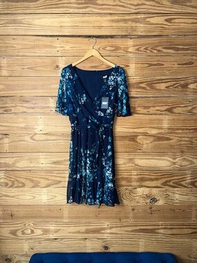 DKNY Navy Blue Floral Wrap Mini Dress